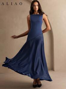 ALIAO Spring/Summer Washed Blue Patchwork A-Line Sleeveless Dress Old Money Palace Style For Dating, Vacation And Daily Wear - Dark Wash - View 4