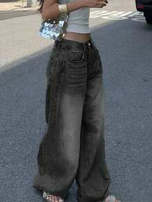 女士休闲宽松阔腿牛仔裤，百搭实用，适合日常通勤和春季街头穿搭 - 深灰色 - 查看 3