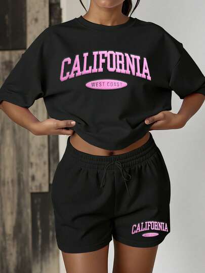 HESSEN 2pcs/Set Plus Size Women's Casual Minimalist Basic Versatile Solid Color Letter Print Graphic Tee And Drawstring Shorts Set, Women's Black California Letter Print Set, Back To School Outfit, Teacher Outfit, Jogging Suit, Easter, Mother's Day Outfit Summer Elegant