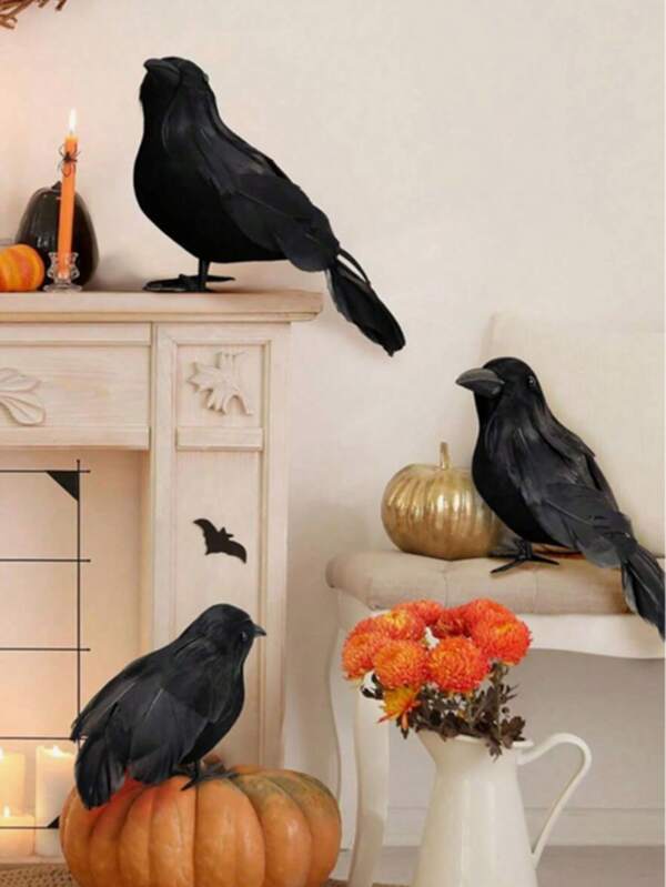 1 pieza Pluma realista de cuervo negro, decoración de Halloween, decoración negra espeluznante de cuervo para interiores/exteriores, decoración otoñal para el hogar