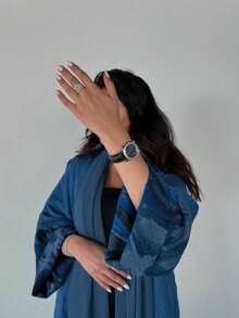 1件女士不对称扎染印花袖口纯色长款开衫连衣裙，法式优雅女士长袍，适合日常生活、工作、旅行、派对（不含头巾） - 藍色 - 查看 2