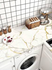 1卷厨房防水防油墙贴，加厚耐热大理石纹理壁纸，金色、灰色和白色可选，适用于油烟机翻新，可定制DIY壁纸，适用于厨房橱柜和台面 - 彩色 - 查看 3