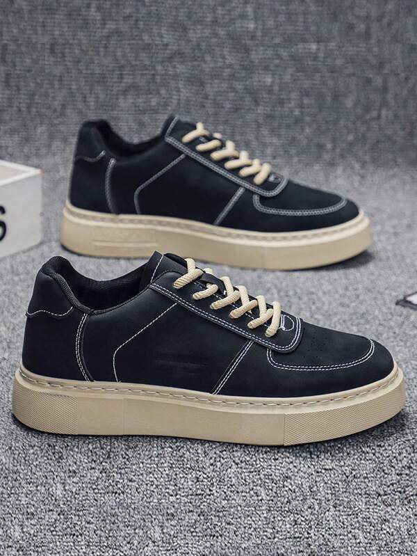 Zapatos de skate para hombres, nuevos lanzamientos, aptos para todas las estaciones, de corte bajo con cordones, suela gruesa cómoda, antideslizante, resistente al desgaste, diseño de costura simple, zapatos de skate retro, aptos para hombres jóvenes, casual al aire libre, color patchwork, elegante y versátil, cómodos para el trabajo, la escuela, el transporte, los viajes, caminar, correr