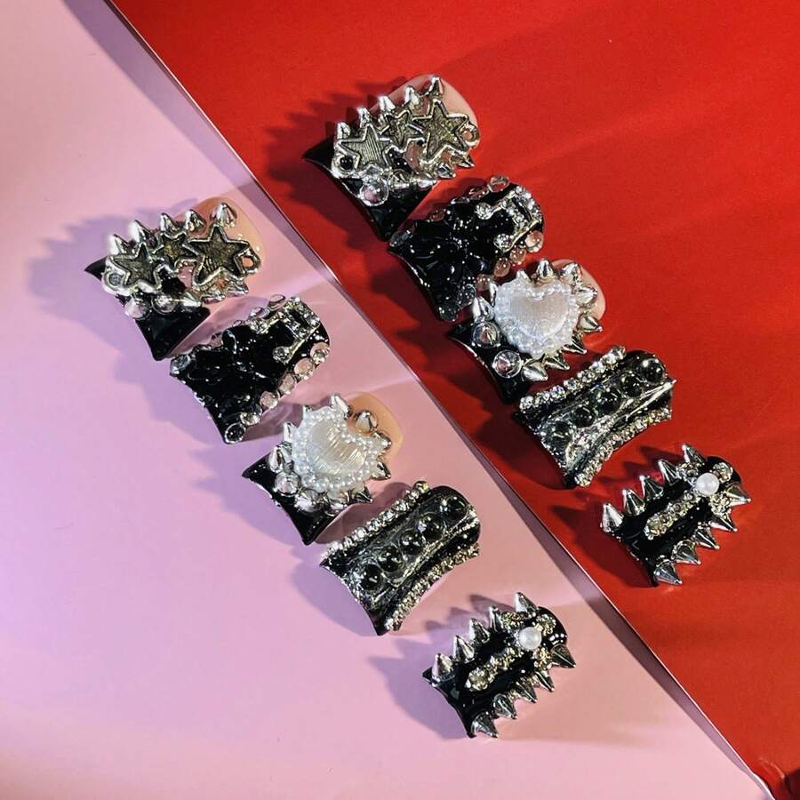 Y2K BEGAVET New 10pcs Duck Nails Handmade Salon Quality Press On Nails Black Punk Nails Exclusive Design 3D Nails With 3D Charms, Suitable For Valentine, New Year Parties/Music Festival And Daily Wear - màu đen - Xem 1