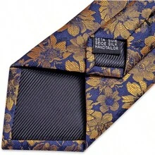 Silk Floral Necktie Set With Tie Clip, Handkerchief & Cufflinks - Blue and Gold - View 11