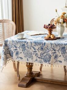 1 件蓝色花卉流苏桌布，复古风格，带流苏，涤纶纤维材质，可水洗，适用于床头柜、餐桌、咖啡桌、沙发套、农舍家居、家庭用餐、厨房、晚餐、派对、感恩节、秋季装饰、四季装饰 - 藍色 - 查看 14