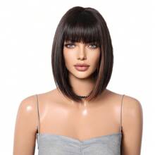 Natural Fashion Breathable Neat Bangs White Short Straight Bob Wig Full Hair Hairstyle Wigs - 深棕色lc3029-1 - 查看 5