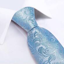 Silk Floral Necktie Set With Tie Clip, Handkerchief & Cufflinks - Light Blue Paisley - View 7