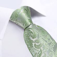 Conjunto de corbata de seda con estampado floral, incluye pinza de corbata, pañuelo y gemelos - Paisley verde salvia - Ver 6
