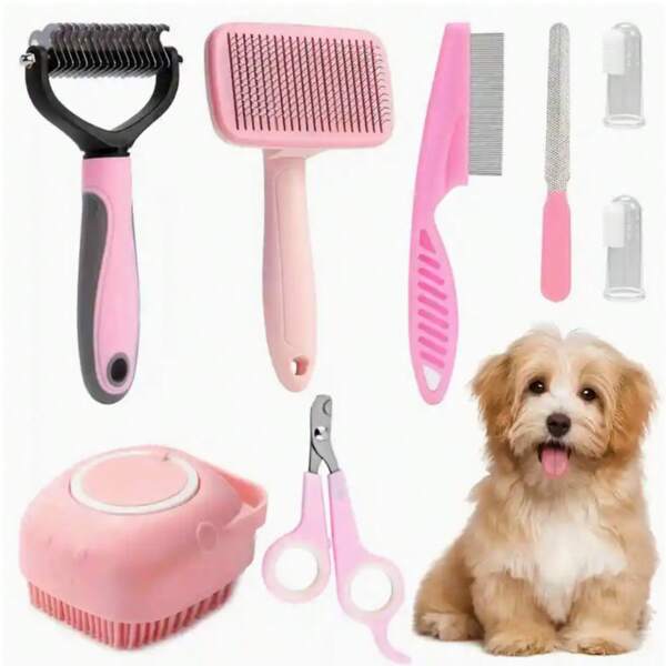 8pcs Pet Grooming Kit, Includes Pet Nail Clippers And File, Flea Comb, Pet Shampoo Brush, Pet Deshedding Brush And Silicone Toothbrush