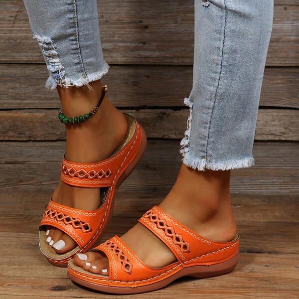Damen elegante braune Sandalen, Keilabsatz Slide Sandalen