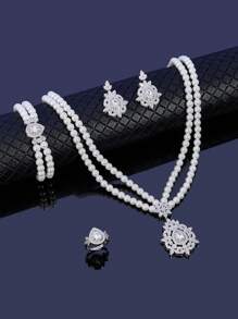 1 套女士玻璃仿珍珠和方晶锆石首饰套装，包括项链、手链、耳环、戒指、新娘/情人节礼物 - 項鍊 - 查看 1