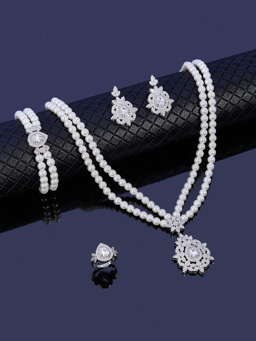 1 套女士玻璃仿珍珠和方晶锆石首饰套装，包括项链、手链、耳环、戒指、新娘/情人节礼物 - 項鍊 - 查看 1