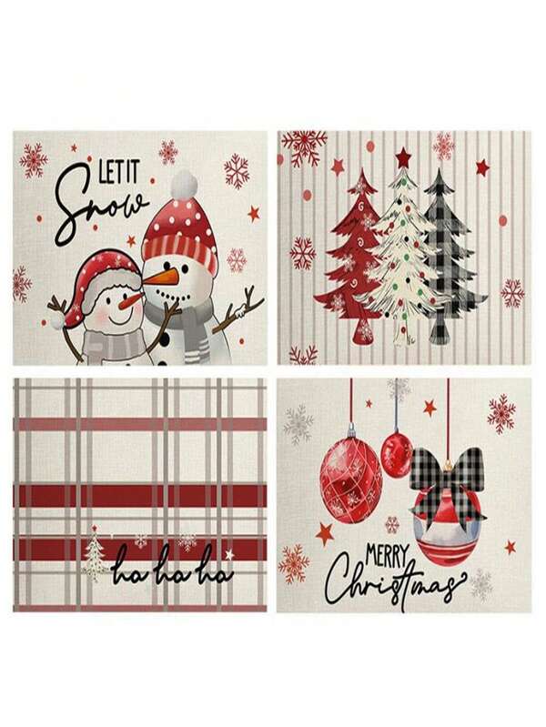 4 piezas de individuales navideños, individuales lavables con textura de lino con diseños de muñeco de nieve, árbol de Navidad y bolas de Navidad, de 30*45cm para decorar la mesa de la cocina y el comedor en las cenas navideñas