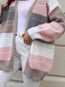 Plus Size Casual Loose Color Block Mid-Long Cardigan Knitted Sweater For Women, Fall & Winter