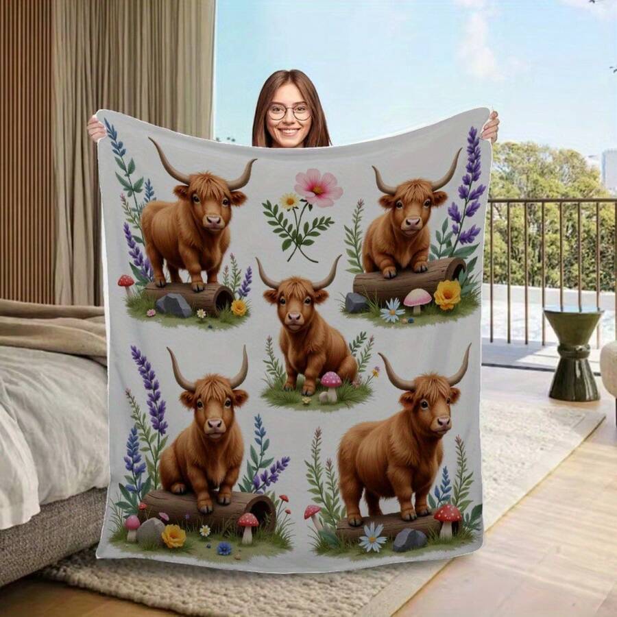 Cozy Floral Highland Cow Print Flannel Throw Blanket - Soft, Warm & Versatile For  , Adds A Modern Touch To Your Home, Creating A Comfortable Bedroom Style.   Suitable For All Seasons, Polyester,    Washable, Machine Washable, Lightweight, Breathable, Comfortable, Warm, Unique,280gsm, Suitable For Him And Her, Suitable For Napping, Camping, Traveling, Family, Daily Life Office Decoration, Birthday Anniversaries, Valentine's Day, Thanksgiving, Christmas, Halloween, Mother's Day, Father's Day, Weddings, New Year Gifts For Her, Him, Family, Boyfriend, Girlfriend Father, Family Member, Mother, Lover, Daughter, Son, Grandfather, Grandmother, Friend,  Classmate And Pet. Sofa,Bed,Car,Bedroom,Living Room,Office, Outdoor Camping, Beach,Wall Decoration Ships From USA - 多色8 - 查看 1