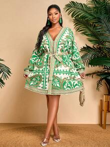 BIUBIU Women's Plus Size White Green Floral Deep V-Neck Long Sleeve Belted Waist Midi Dress Casual Vacation Retro Fashion Dress - Green - View 5