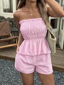 Vaiaye Women's Summer Hawaii Boho Tropical Beach Vacation 2-Piece Set – One-Shoulder Striped Ruffle-Edge Minimalist Everyday Bandeau Top & Shorts, Perfect For Dates, Afternoon Tea, Holidays, Music Festivals And Valentine's Day - Pink - View 5