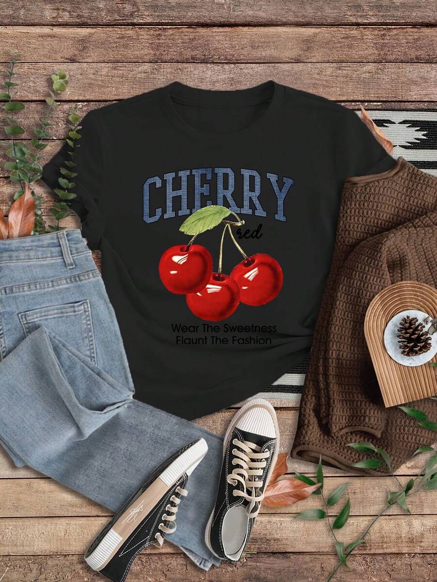 Girls' Beige Cherry Graphic Tee - "Sweetness Runs In Our Cherry" Print, Casual & Girls Clothes 8 To 10 Years,Made In USA Cotton , Short Sleeve Crew Neck - Perfect For Summer Outings - 黑色 - 查看 1
