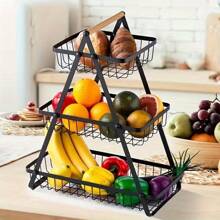 Reinforced Three-Tier Fruit Basket Tray, Kitchen Countertop Storage Rack, Additional Support Rods Suitable For Fruits, Vegetables, Bread, And Snacks, Removable Space-Saving Shelves Suitable For Pantries, Cabinets, And Countertops, Often Suitable For Home And Kitchen Display. Black Fruit Basket.