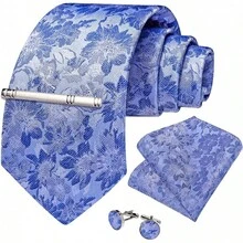 Conjunto de corbata de seda con estampado floral, incluye pinza de corbata, pañuelo y gemelos - Azul y blanco - Ver 11