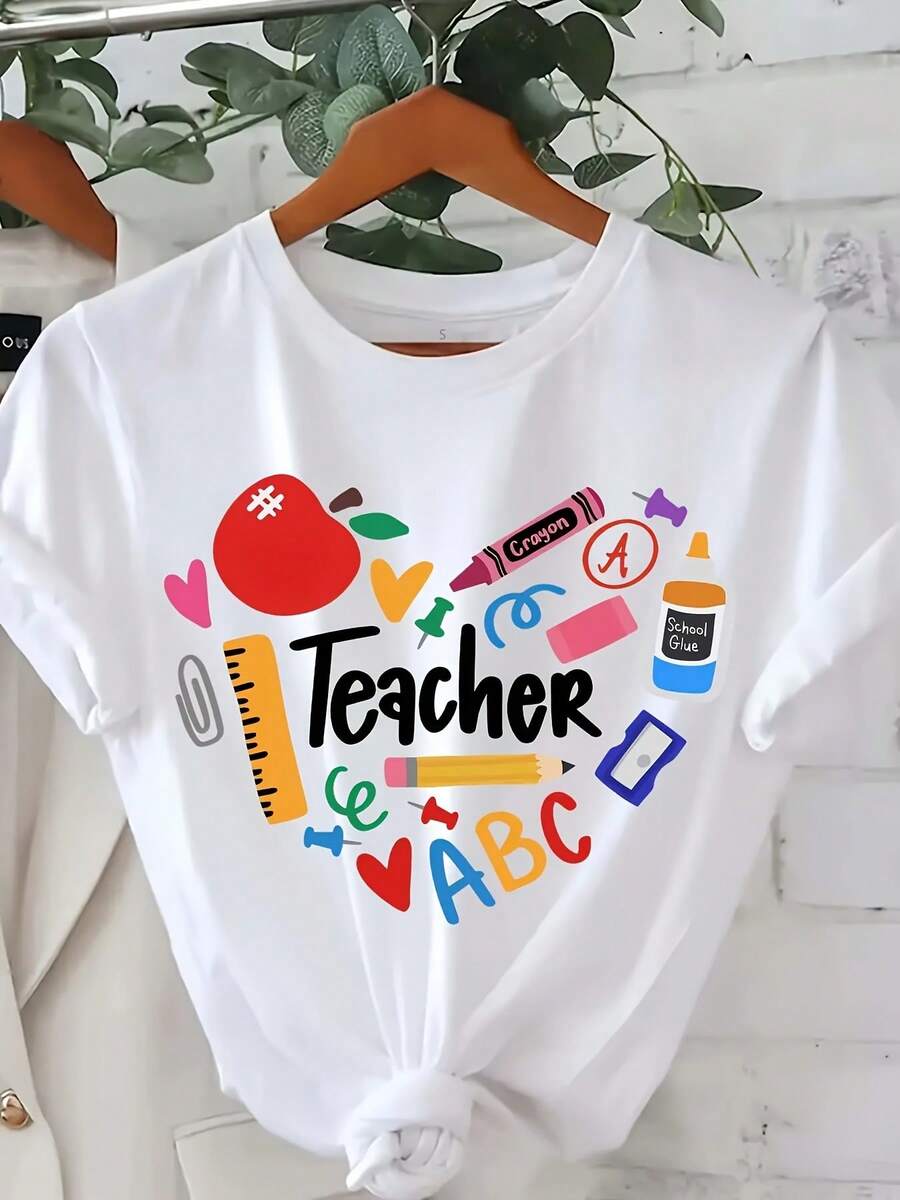 Oversize Teacher Print T-Shirt, Short Sleeve Round Neck Casual Top, Suitable For Summer And Spring, Women's Clothing - 預設1 - 查看 1
