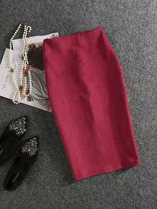 Women's Elegant Commuter Deer Velvet Zipper Versatile A-Line Skirt With Back Slit, Non-Stretchy, Winter - Wine Red - View 3