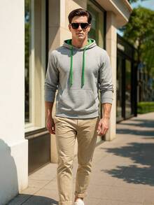 Sudadera Básica de Algodón para Hombre con Capucha y Bolsillo Canguro, Estilo Casual Streetwear - Gris Claro - Ver 3