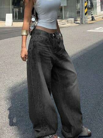 Women's Casual Loose Fit Wide Leg Jeans, Versatile For Daily Commute And Street Style