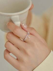 Nooxian 1pc Women Rose Gold Flower-Shaped Open Ring With Cubic Zirconia Valentines - Bạc - Xem 11