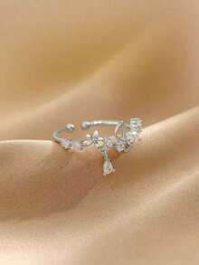 Nooxian 1pc Women Rose Gold Flower-Shaped Open Ring With Cubic Zirconia Valentines - Bạc - Xem 13