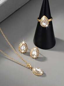 1set Vintage Luxury Elegant Rhinestone Water Drop Earrings, Necklace & Ring Jewelry Set For Women, Suitable For Festival, Birthday, Date, Dance, Party, Holiday, Shopping, Daily Work