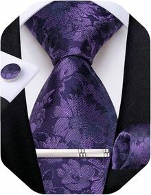 Silk Floral Necktie Set With Tie Clip, Handkerchief & Cufflinks - Purple - View 1