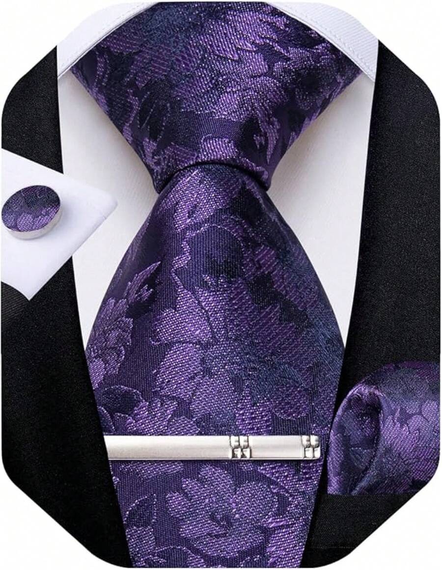 Silk Floral Necktie Set With Tie Clip, Handkerchief & Cufflinks - Purple - View 1