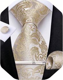 Silk Floral Necktie Set With Tie Clip, Handkerchief & Cufflinks - Champagne Paisley - View 1