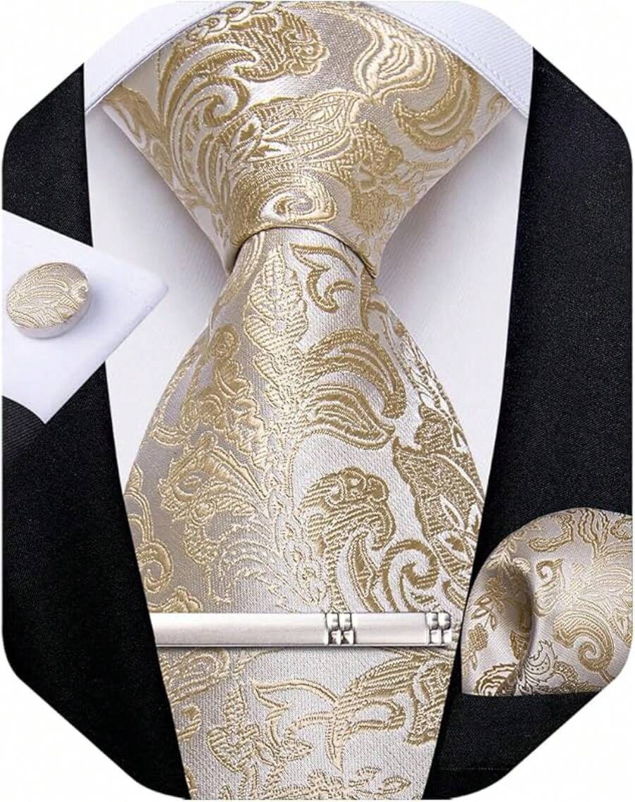 Silk Floral Necktie Set With Tie Clip, Handkerchief & Cufflinks - Champagne Paisley - View 1