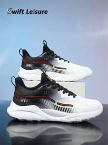 Men's Fashionable Classic Black & White Lace-Up Comfortable Sports Shoes, Stylish Color Block Mesh Running Casual Sneakers