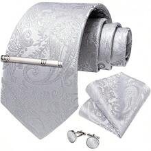 Conjunto de corbata de seda con estampado floral, incluye pinza de corbata, pañuelo y gemelos - Paisley gris plateado - Ver 5