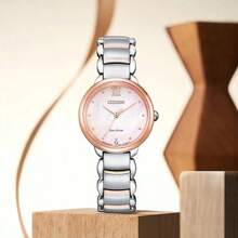 CITIZEN 西铁城女式石英机芯 天然珍珠贝母表盘 金色表盘指针 不锈钢表壳和表带 圆点混合时标 双击蝴蝶扣 封闭式表底 适合日常佩戴 休闲 职场 50 米防水经典手表 XSEM0924-85Y - 粉色 - 查看 3