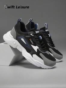 Men's Breathable Black & Gray Color Block Mesh Splice Design Casual & Sport Shoes, Comfortable All Season Running Sneakers, Fashionable Outdoor Versatile Athletic Footwear - Black - View 3