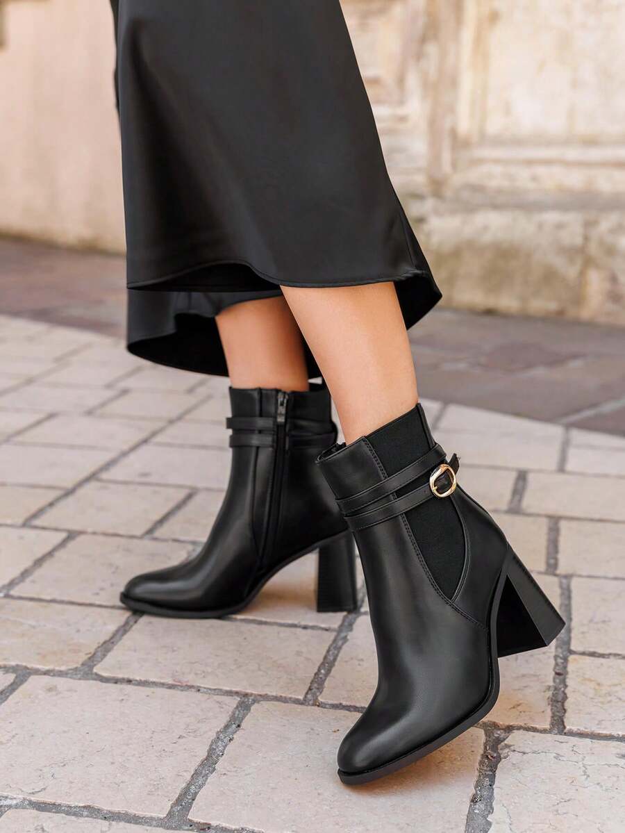 Ankle Boots With A Wide Heel And Gold Strap – Bold Style And Everyday Comfort - Black - View 1