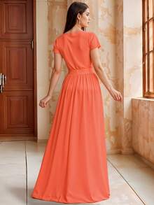 Vestido Largo de Cuello Redondo, Entallado de Manga Corta y Silueta Evasé Elegante para Mujer - Naranja - Ver 4