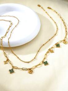 TONSI 1 Set Elegant Charming Personalized Luxury Vintage Western Minimalist Fashionable High-End Stainless Steel Cubic Zirconia 18K Gold Plated Four-Leaf Clover Floral Diamond Jewelry Set, Suitable For Summer, Holidays, Travel, Work, Daily Wear, Parties, Gatherings For Women - Multicolor - View 1