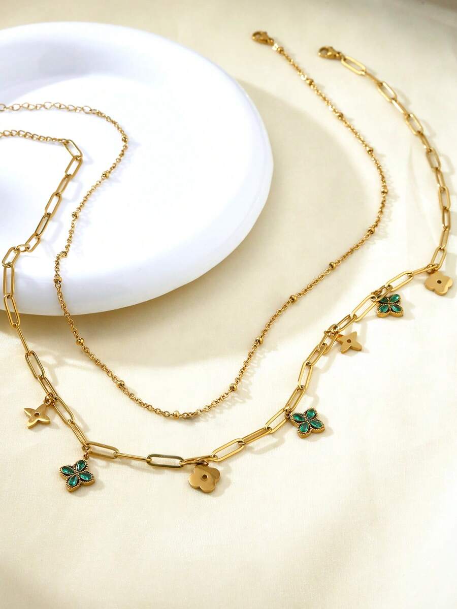 TONSI 1 Set Elegant Charming Personalized Luxury Vintage Western Minimalist Fashionable High-End Stainless Steel Cubic Zirconia 18K Gold Plated Four-Leaf Clover Floral Diamond Jewelry Set, Suitable For Summer, Holidays, Travel, Work, Daily Wear, Parties, Gatherings For Women - Multicolor - View 1