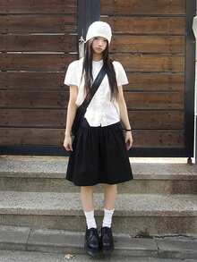 Korean Retro Black Floral Pleated Puffy Mid-Length Casual Versatile Skirt For Women