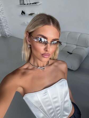 1pc Vintage PC (Polycarbonate) Oval Frameless Fashion Glasses With Metal Hinges, Comfortable Ultralight Large Size Metal Glasses, Fashion Accessory For Driving, Vacation, Retro Shades Street Y2k Style Oversized Wrap Frame For Music Festival Preppy Style For Back To School