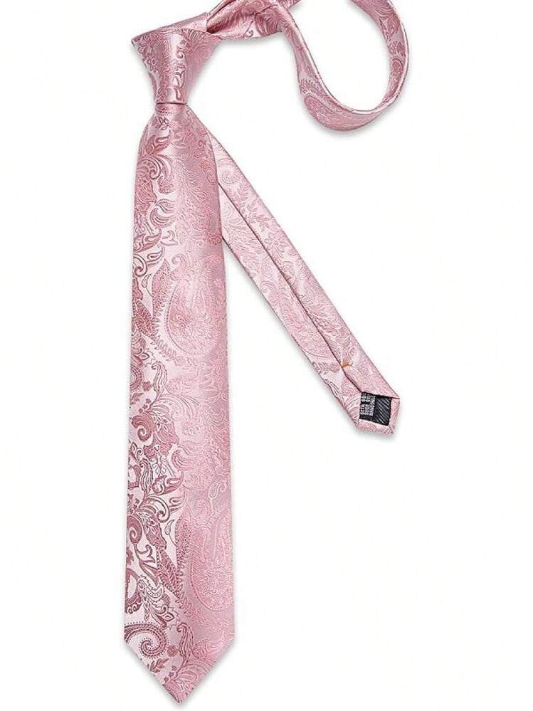 Silk Floral Necktie Set With Tie Clip, Handkerchief & Cufflinks - Phấn má hồng Paisley - Xem 9