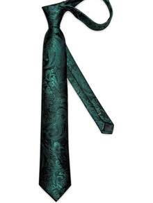 Silk Floral Necktie Set With Tie Clip, Handkerchief & Cufflinks - Green Black - View 11