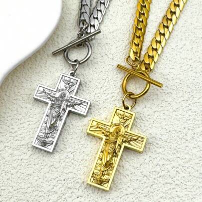 Stainless Steel Cross Jesus Crucifixion Pendant Necklace, Unisex, Gold Hip Hop Style Neck Chain, Christian Jewelry