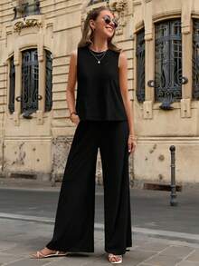Unicolor Top Tank & Pantalones De Pierna Ancha,Top de Tanque Sólido Y Pantalones Anchos Para Vacaciones De Verano - Negro - Ver 6
